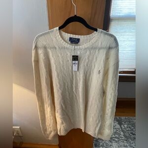 Polo Ralph Lauren Women's Cream Cable Knit Merino Sweater-Grey Logo Pony Size XL